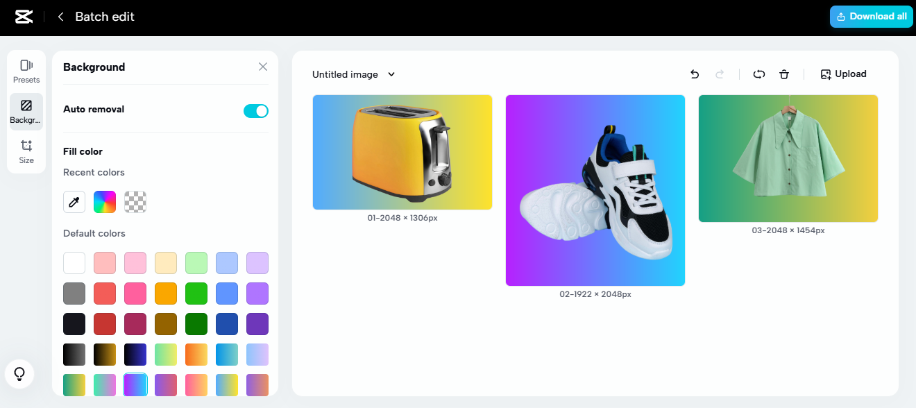 CapCut batch edit tool with background removal and color customization for a toaster, sneakers, and a shirt.